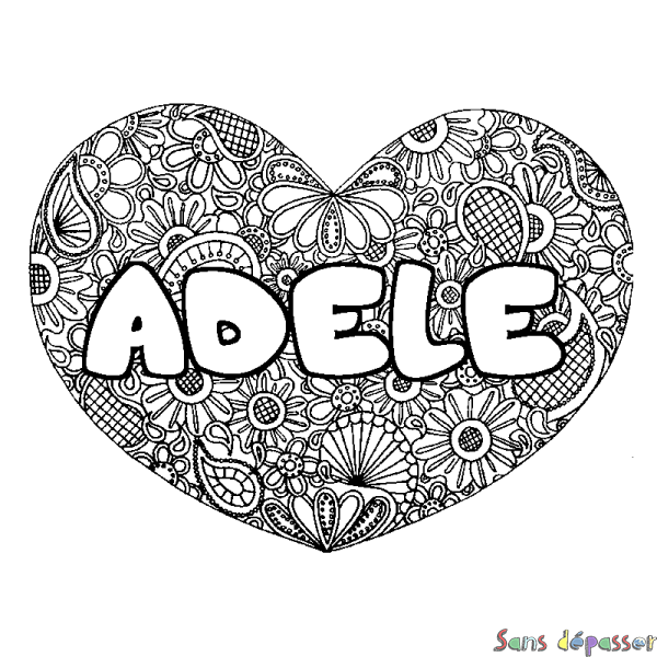 Coloriage pr&eacute;nom ADELE - d&eacute;cor Mandala coeur