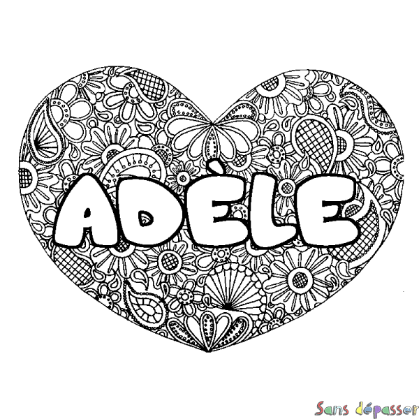 Coloriage pr&eacute;nom AD&Egrave;LE - d&eacute;cor Mandala coeur