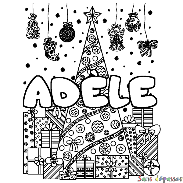 Coloriage pr&eacute;nom AD&Egrave;LE - d&eacute;cor Sapin et Cadeaux