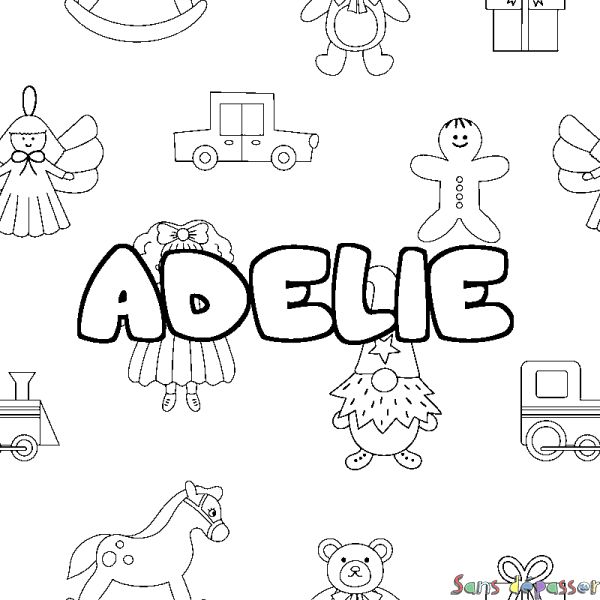 Coloriage pr&eacute;nom ADELIE - d&eacute;cor Jouets