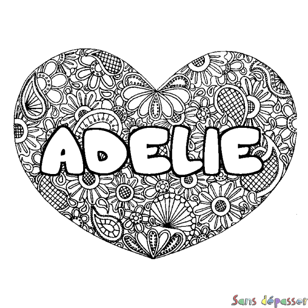 Coloriage pr&eacute;nom ADELIE - d&eacute;cor Mandala coeur