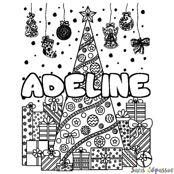 Coloriage prénom ADELINE - d&eacute;cor Sapin et Cadeaux
