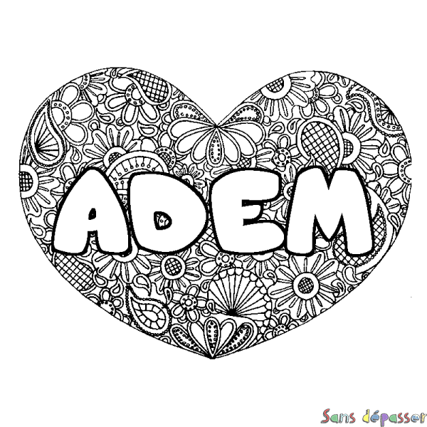 Coloriage prénom ADEM - d&eacute;cor Mandala coeur