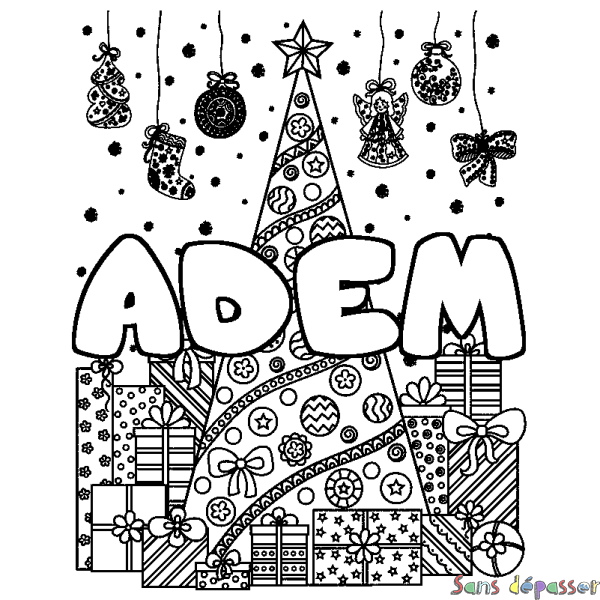 Coloriage prénom ADEM - d&eacute;cor Sapin et Cadeaux