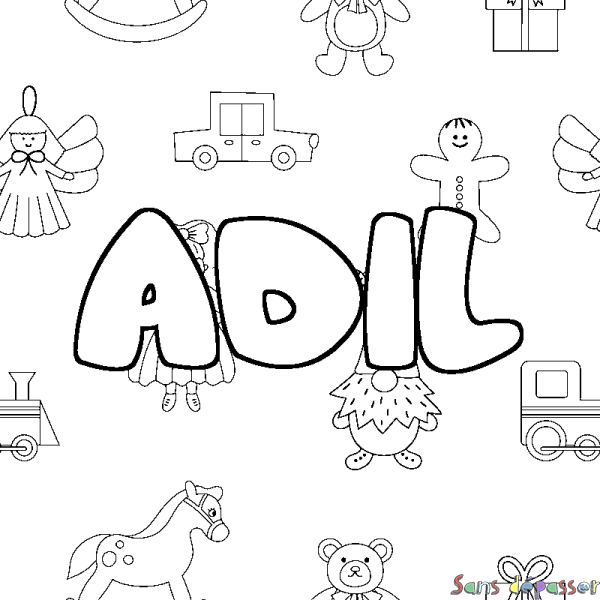 Coloriage pr&eacute;nom ADIL - d&eacute;cor Jouets
