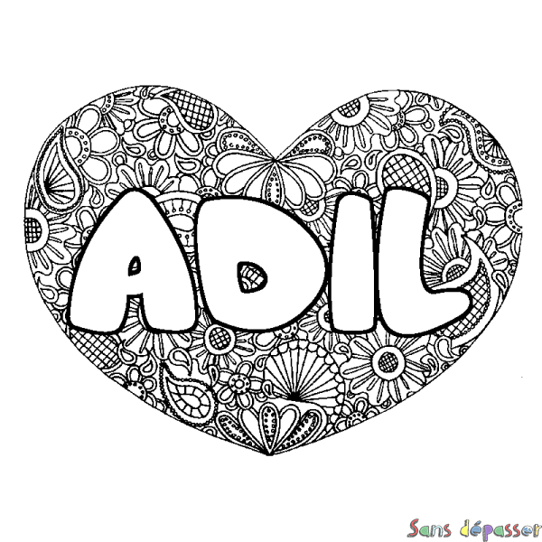 Coloriage pr&eacute;nom ADIL - d&eacute;cor Mandala coeur