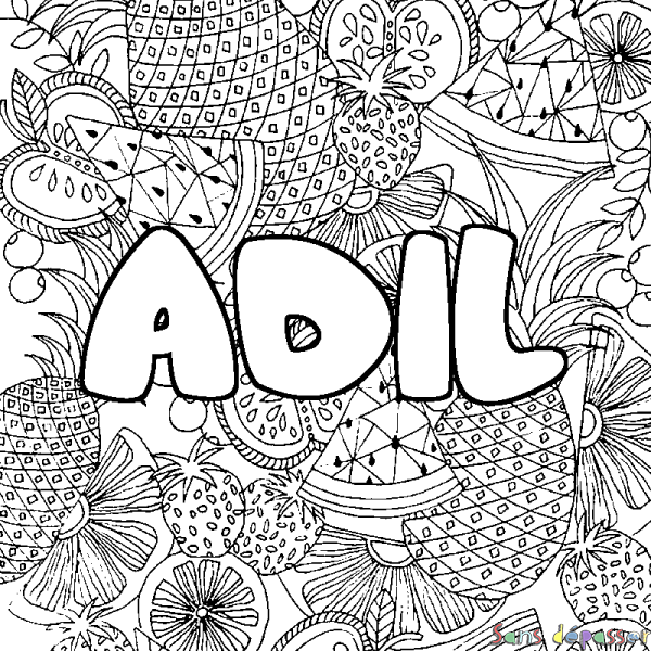 Coloriage pr&eacute;nom ADIL - d&eacute;cor Mandala fruits
