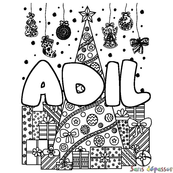 Coloriage prénom ADIL - d&eacute;cor Sapin et Cadeaux