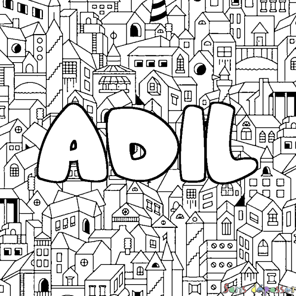 Coloriage pr&eacute;nom ADIL - d&eacute;cor Ville