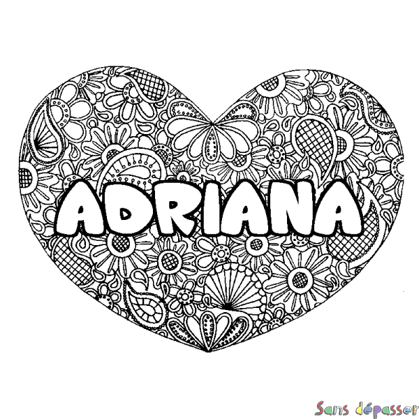 Coloriage prénom ADRIANA - d&eacute;cor Mandala coeur