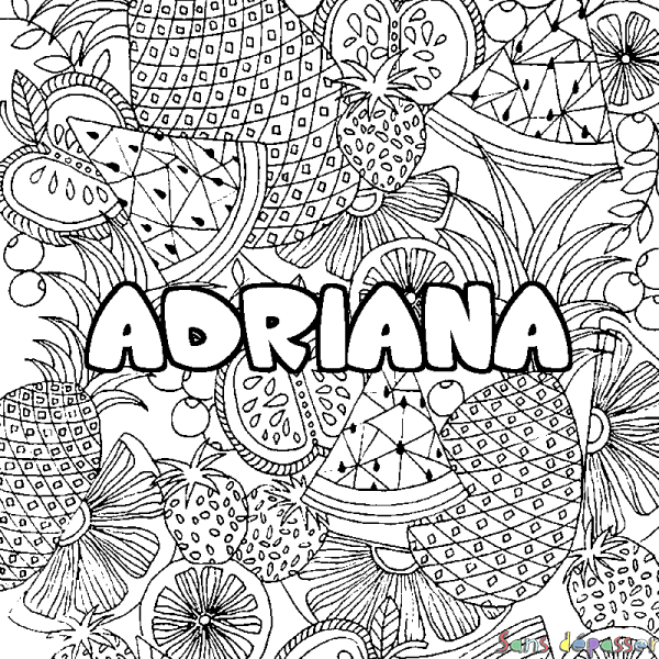 Coloriage pr&eacute;nom ADRIANA - d&eacute;cor Mandala fruits