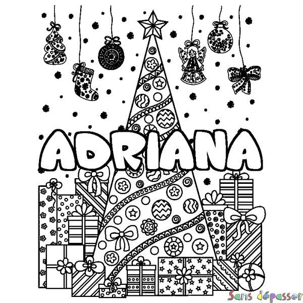 Coloriage prénom ADRIANA - d&eacute;cor Sapin et Cadeaux