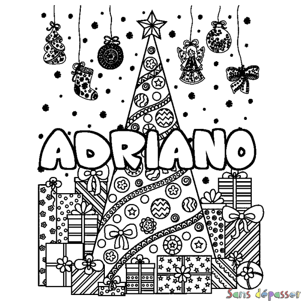 Coloriage prénom ADRIANO - d&eacute;cor Sapin et Cadeaux