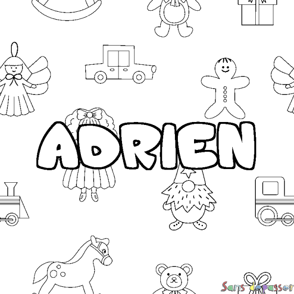 Coloriage pr&eacute;nom ADRIEN - d&eacute;cor Jouets