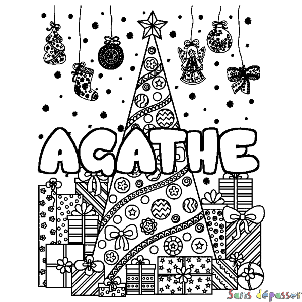 Coloriage pr&eacute;nom AGATHE - d&eacute;cor Sapin et Cadeaux