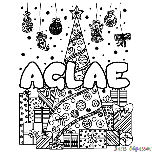 Coloriage prénom AGLAE - d&eacute;cor Sapin et Cadeaux