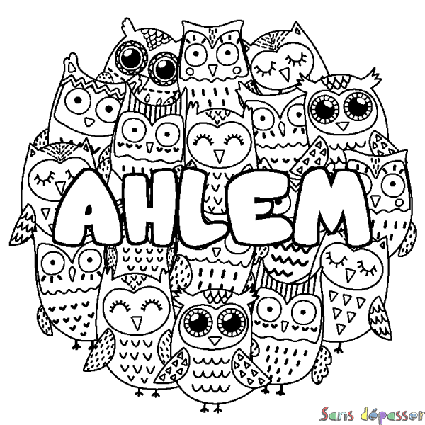 Coloriage pr&eacute;nom AHLEM - d&eacute;cor Chouettes