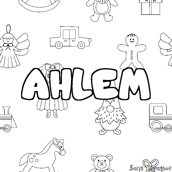 Coloriage pr&eacute;nom AHLEM - d&eacute;cor Jouets