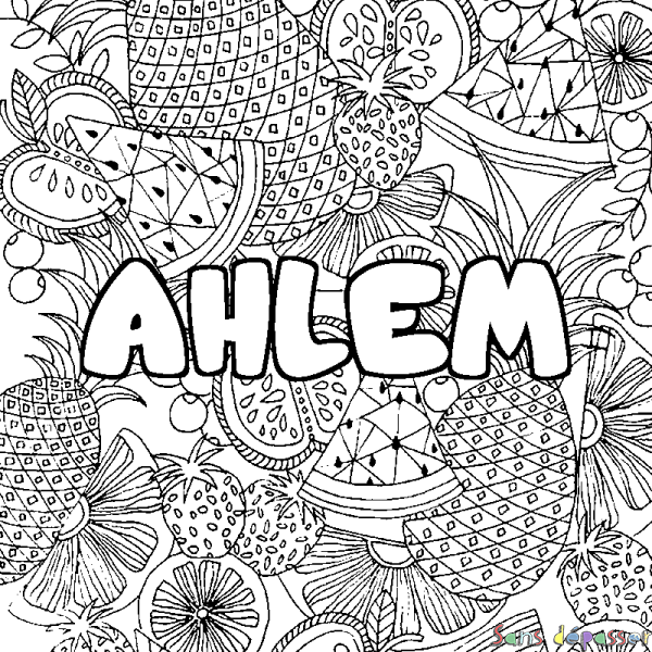 Coloriage pr&eacute;nom AHLEM - d&eacute;cor Mandala fruits