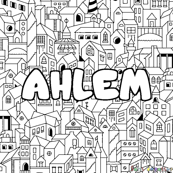 Coloriage pr&eacute;nom AHLEM - d&eacute;cor Ville