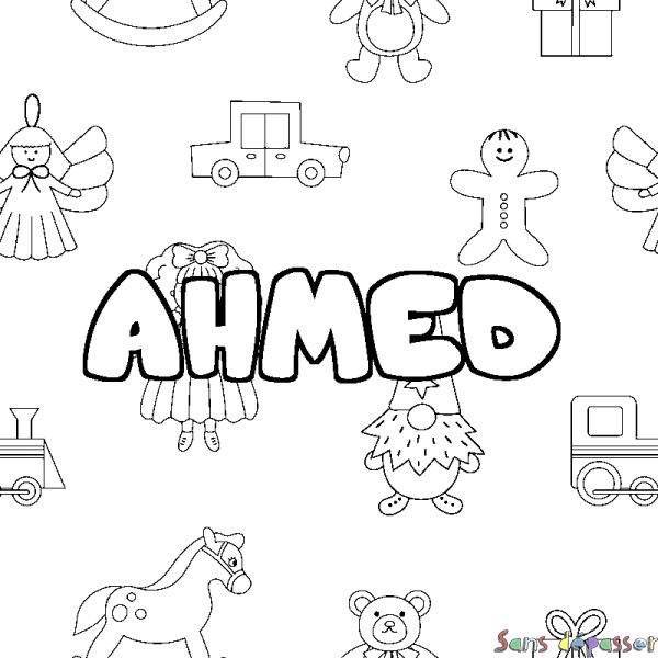 Coloriage pr&eacute;nom AHMED - d&eacute;cor Jouets