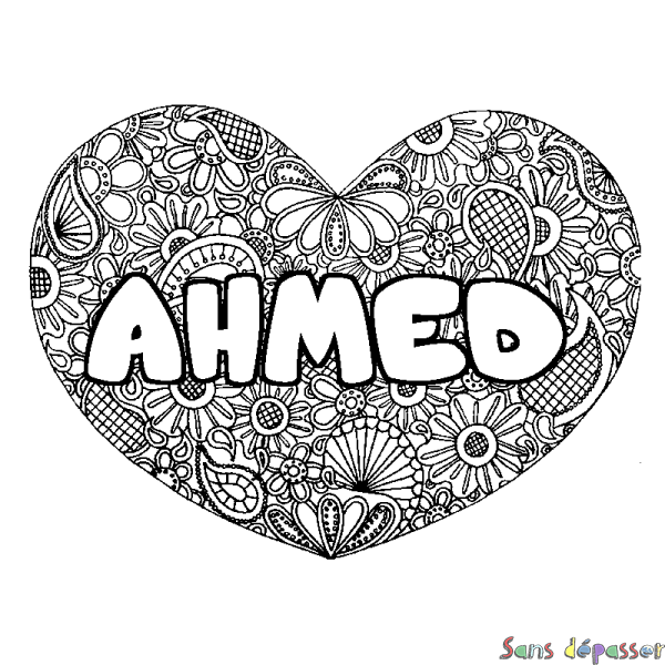 Coloriage prénom AHMED - d&eacute;cor Mandala coeur