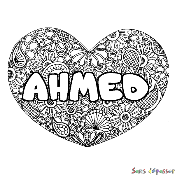Coloriage pr&eacute;nom AHMED - d&eacute;cor Mandala coeur