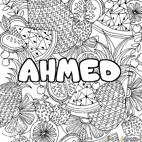 Coloriage prénom AHMED - d&eacute;cor Mandala fruits