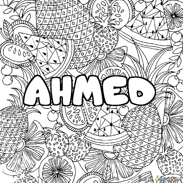 Coloriage pr&eacute;nom AHMED - d&eacute;cor Mandala fruits
