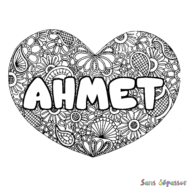 Coloriage prénom AHMET - d&eacute;cor Mandala coeur