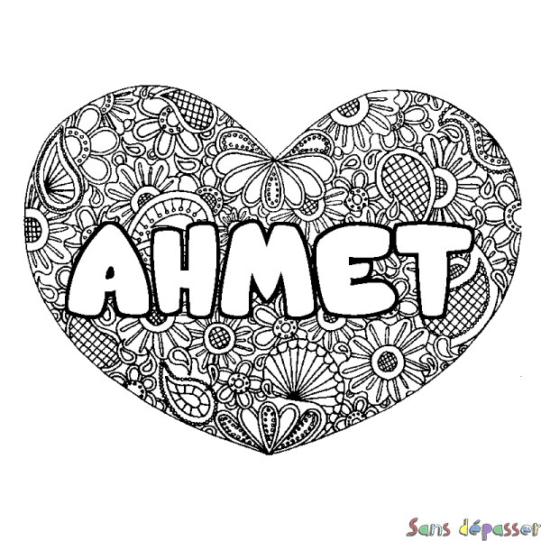 Coloriage pr&eacute;nom AHMET - d&eacute;cor Mandala coeur