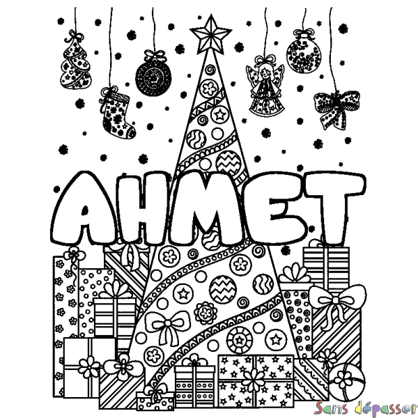 Coloriage prénom AHMET - d&eacute;cor Sapin et Cadeaux