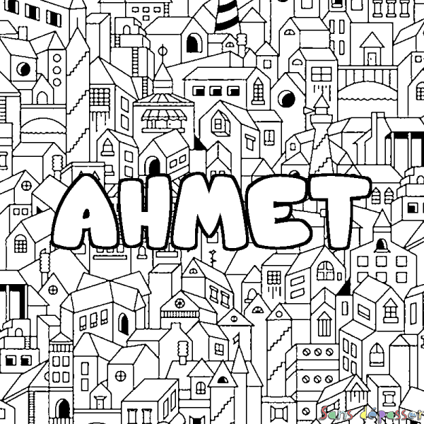 Coloriage prénom AHMET - d&eacute;cor Ville