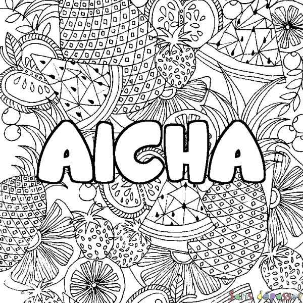 Coloriage prénom AICHA - d&eacute;cor Mandala fruits