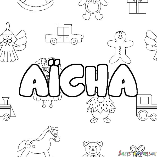 Coloriage pr&eacute;nom A&Iuml;CHA - d&eacute;cor Jouets