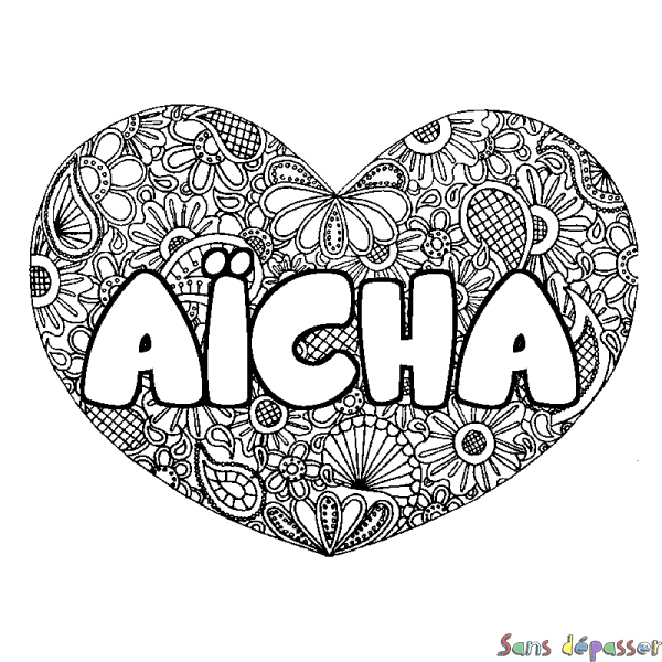 Coloriage pr&eacute;nom A&Iuml;CHA - d&eacute;cor Mandala coeur
