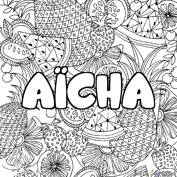 Coloriage pr&eacute;nom A&Iuml;CHA - d&eacute;cor Mandala fruits
