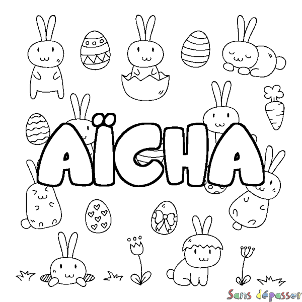 Coloriage pr&eacute;nom A&Iuml;CHA - d&eacute;cor Paques