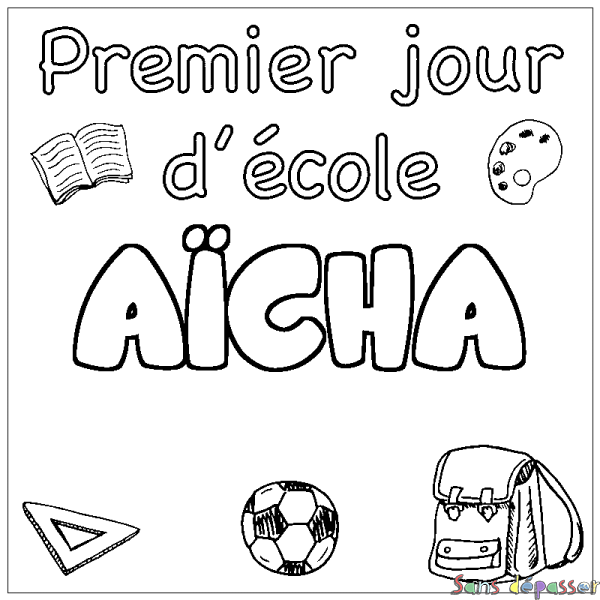Coloriage pr&eacute;nom A&Iuml;CHA - d&eacute;cor Premier jour d'&eacute;cole