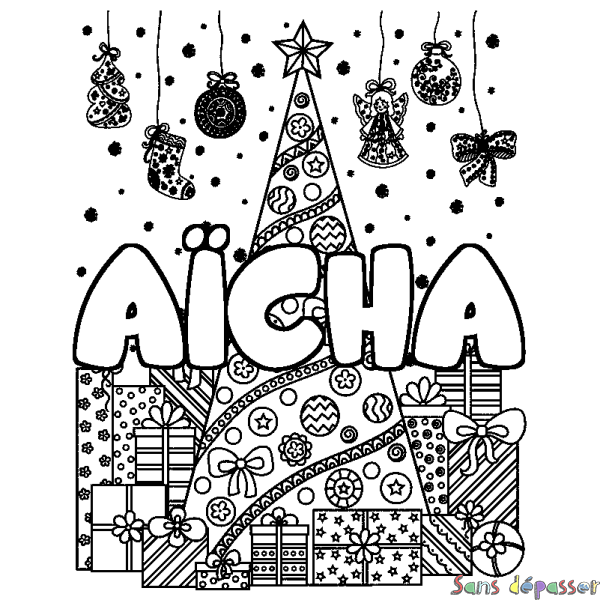 Coloriage pr&eacute;nom A&Iuml;CHA - d&eacute;cor Sapin et Cadeaux