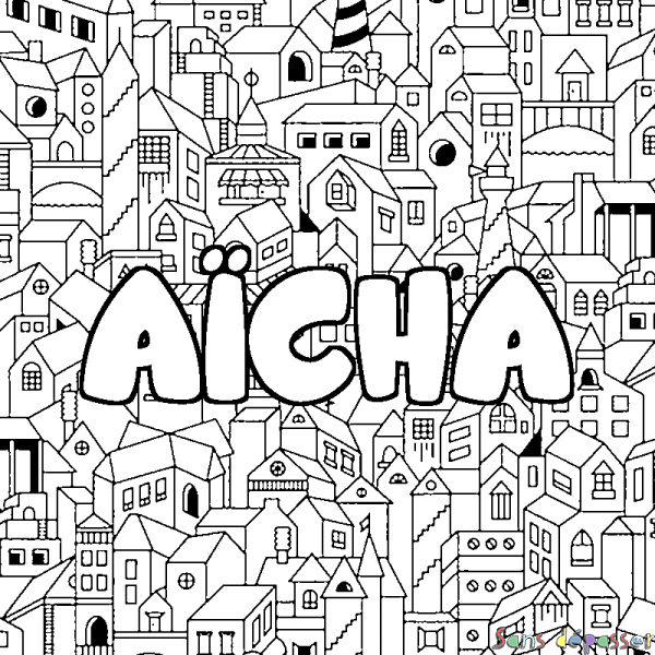 Coloriage pr&eacute;nom A&Iuml;CHA - d&eacute;cor Ville