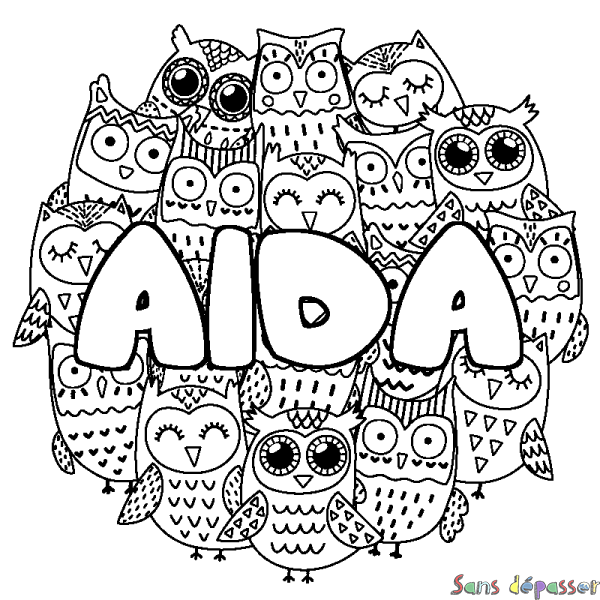 Coloriage pr&eacute;nom AIDA - d&eacute;cor Chouettes