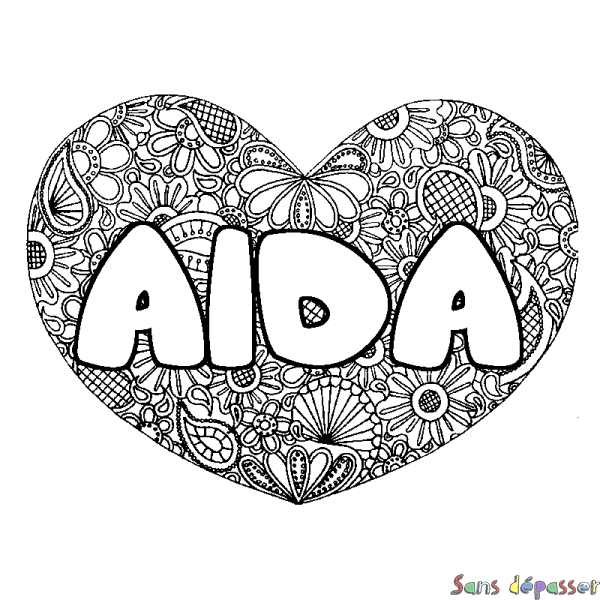 Coloriage pr&eacute;nom AIDA - d&eacute;cor Mandala coeur