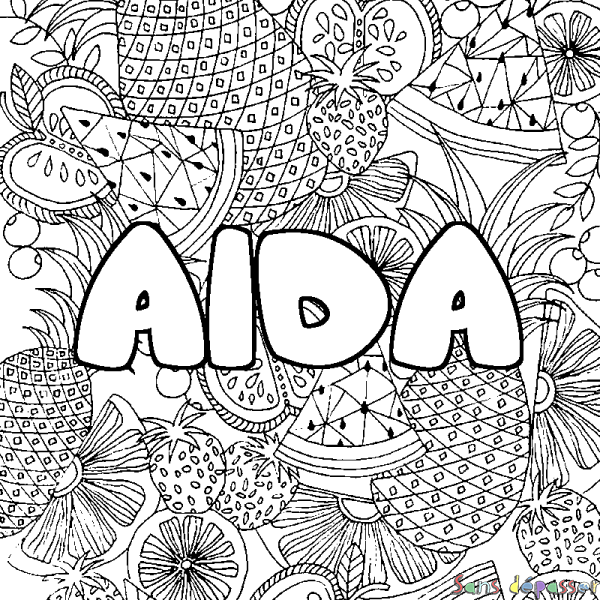 Coloriage pr&eacute;nom AIDA - d&eacute;cor Mandala fruits