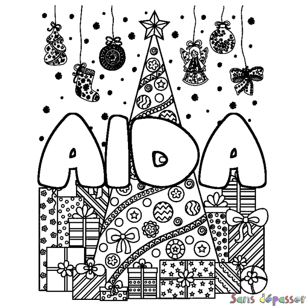 Coloriage prénom AIDA - d&eacute;cor Sapin et Cadeaux