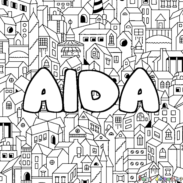 Coloriage pr&eacute;nom AIDA - d&eacute;cor Ville