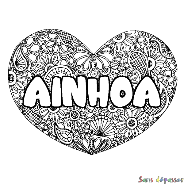 Coloriage pr&eacute;nom AINHOA - d&eacute;cor Mandala coeur