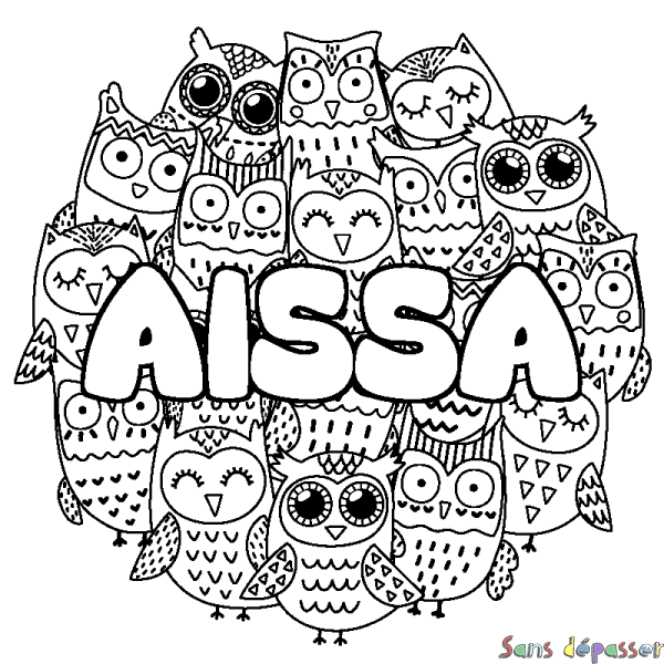 Coloriage pr&eacute;nom AISSA - d&eacute;cor Chouettes