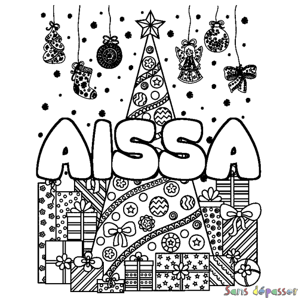 Coloriage prénom AISSA - d&eacute;cor Sapin et Cadeaux