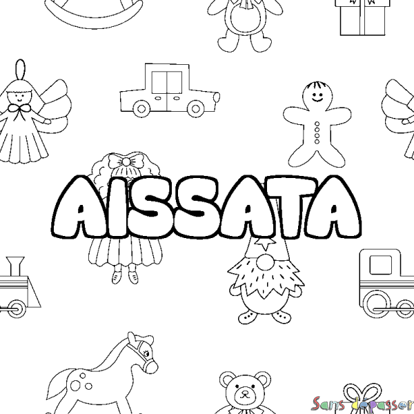 Coloriage pr&eacute;nom AISSATA - d&eacute;cor Jouets